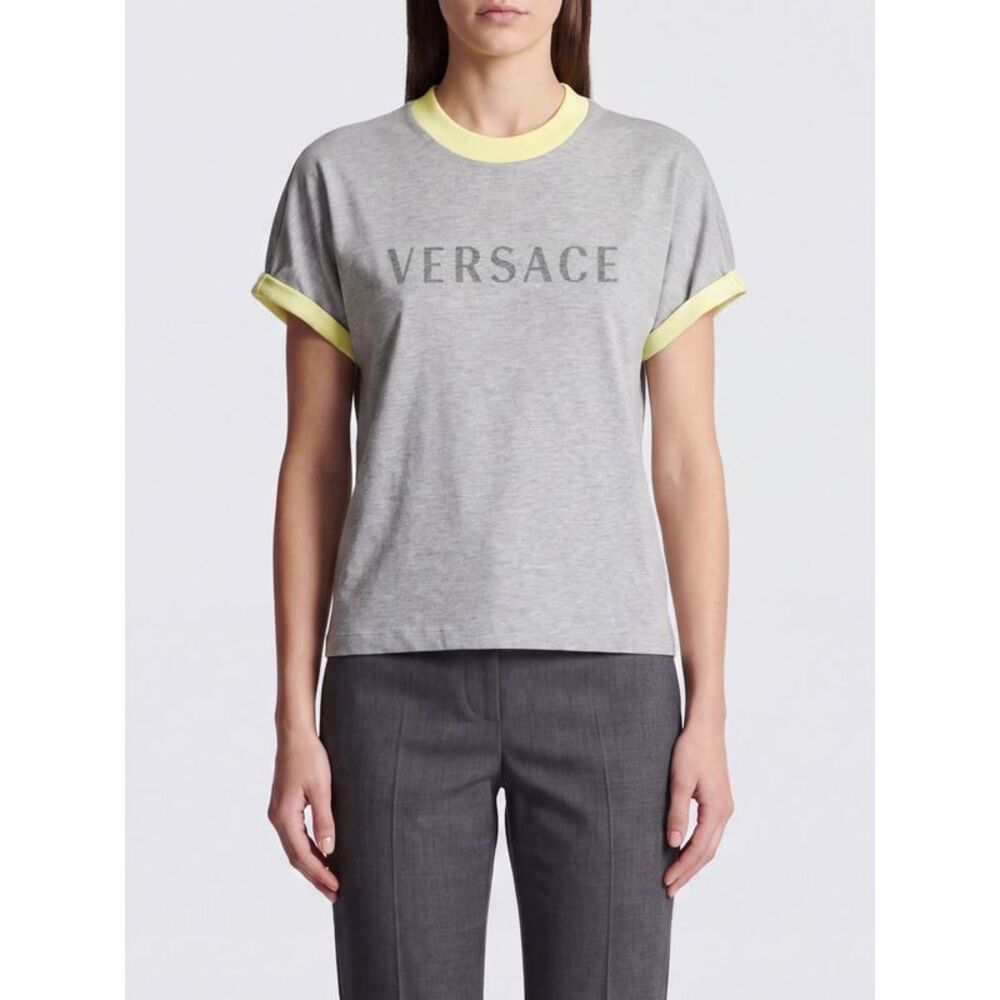 Versace Women Versace Grey Cotton T-Shirt With Printed Logo And Contrast Trims